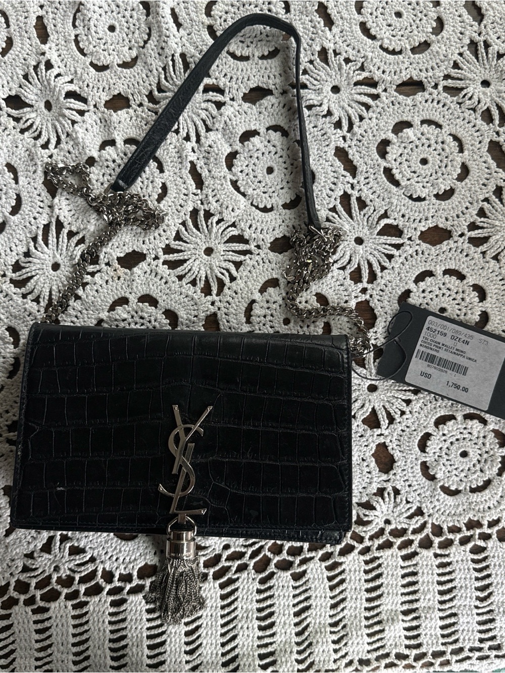 Saint Laurent Black Croc-Embossed Tassel Chain Wallet
